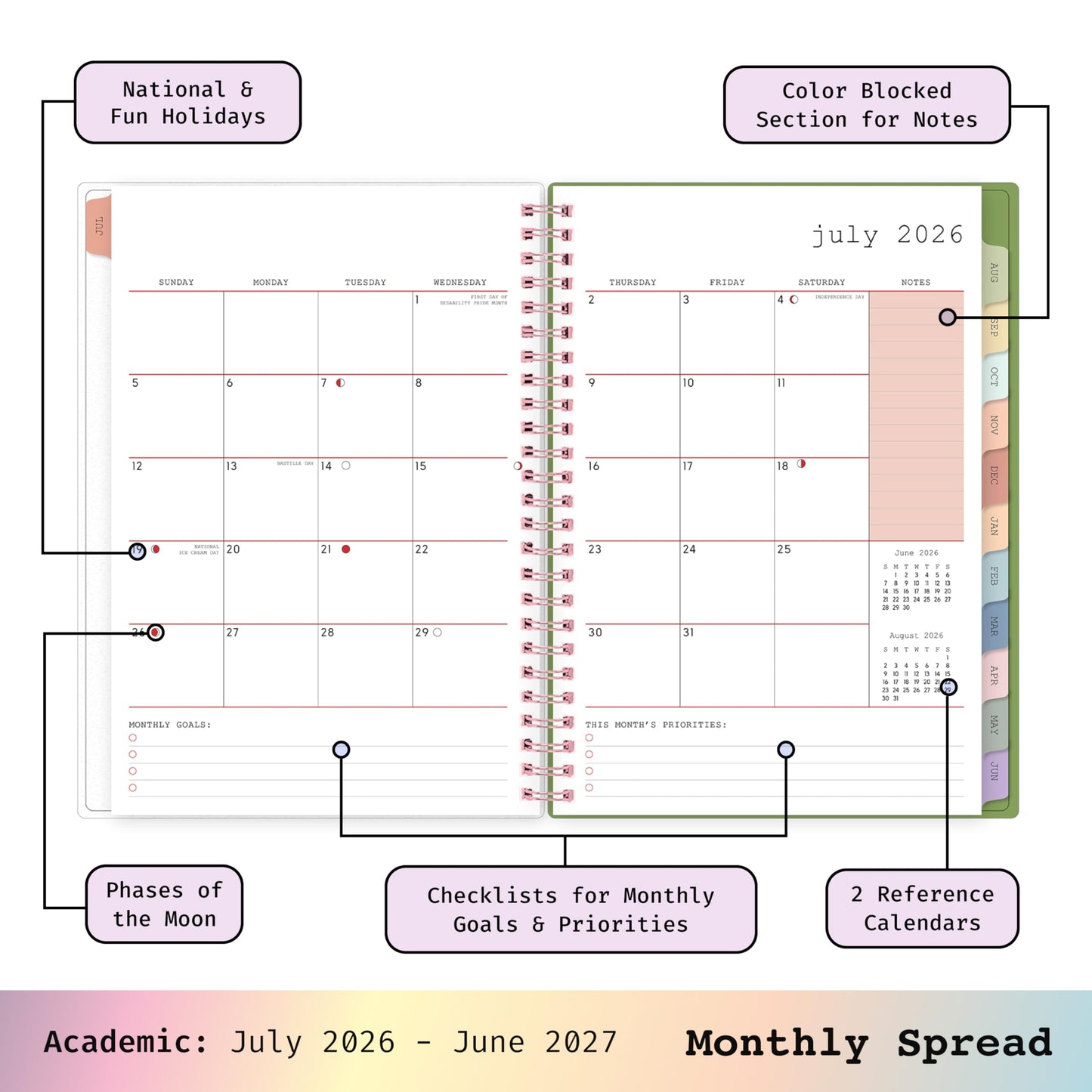 Blue Sky WAAV 2026-2027 Weekly and Monthly Academic Year Planner Calendar, July 2026 - June 2027, 5.875" x 8.625", Flexible Cover, Wirebound, Laminated Tabs, Storage Pocket, Includes 20 Extra Notes Pages, Michelle