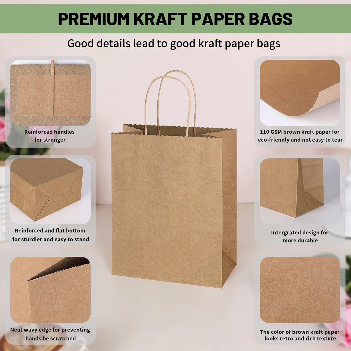 Mlyta 200 Pack 8x4.75x10 Inch Plain Medium Brown Kraft Paper Gift Bags with Handles Bulk for Goodie, Party Favor Brithday Grocery Shopping, Business Wedding Retail Craft Treat To Go, Merchandise Sacks