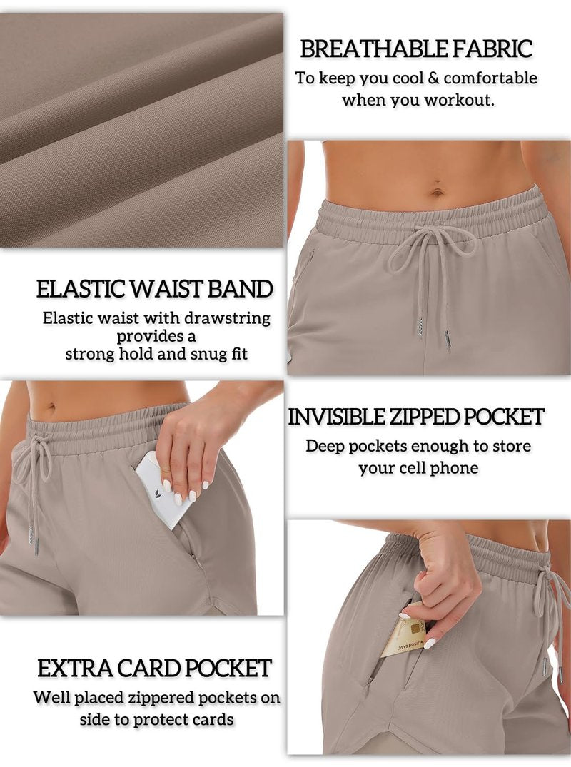 Mancreda Women's Running Shorts with Liner 3 Zipper Pockets Elastic Workout Athletic Gym Yoga Shorts(CA,M) Khaki