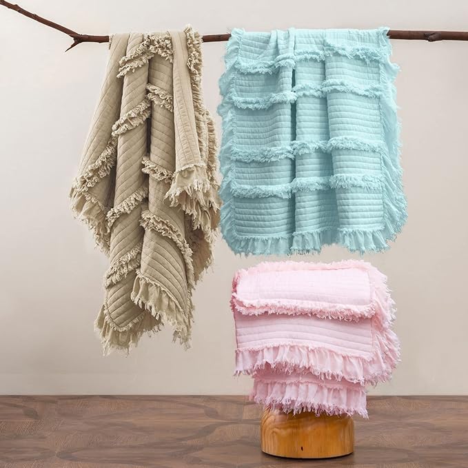 Ultra Soft Pre-Washed Quilted Boho Throw Blanket, Ruffle Fringed Beige Decorative Throw, Stone Washed Chic Rustic Blanket for Sofa Couch Bed Chair, 50"x 60"