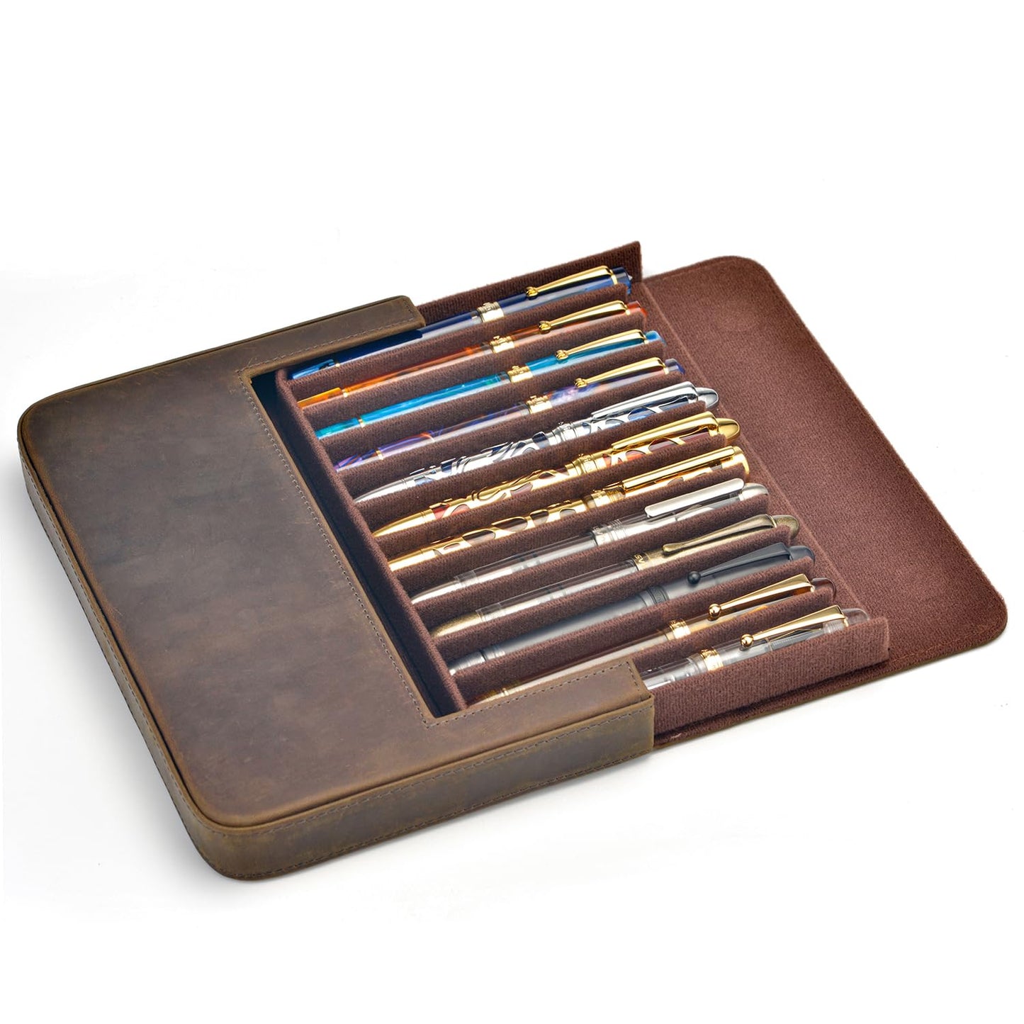 Lanxivi 12 Fountain Pen Case Genuine Leather Organizer, Crazy Horse Cowhide Leather Portable Pen Bag Pouch Drawer Style