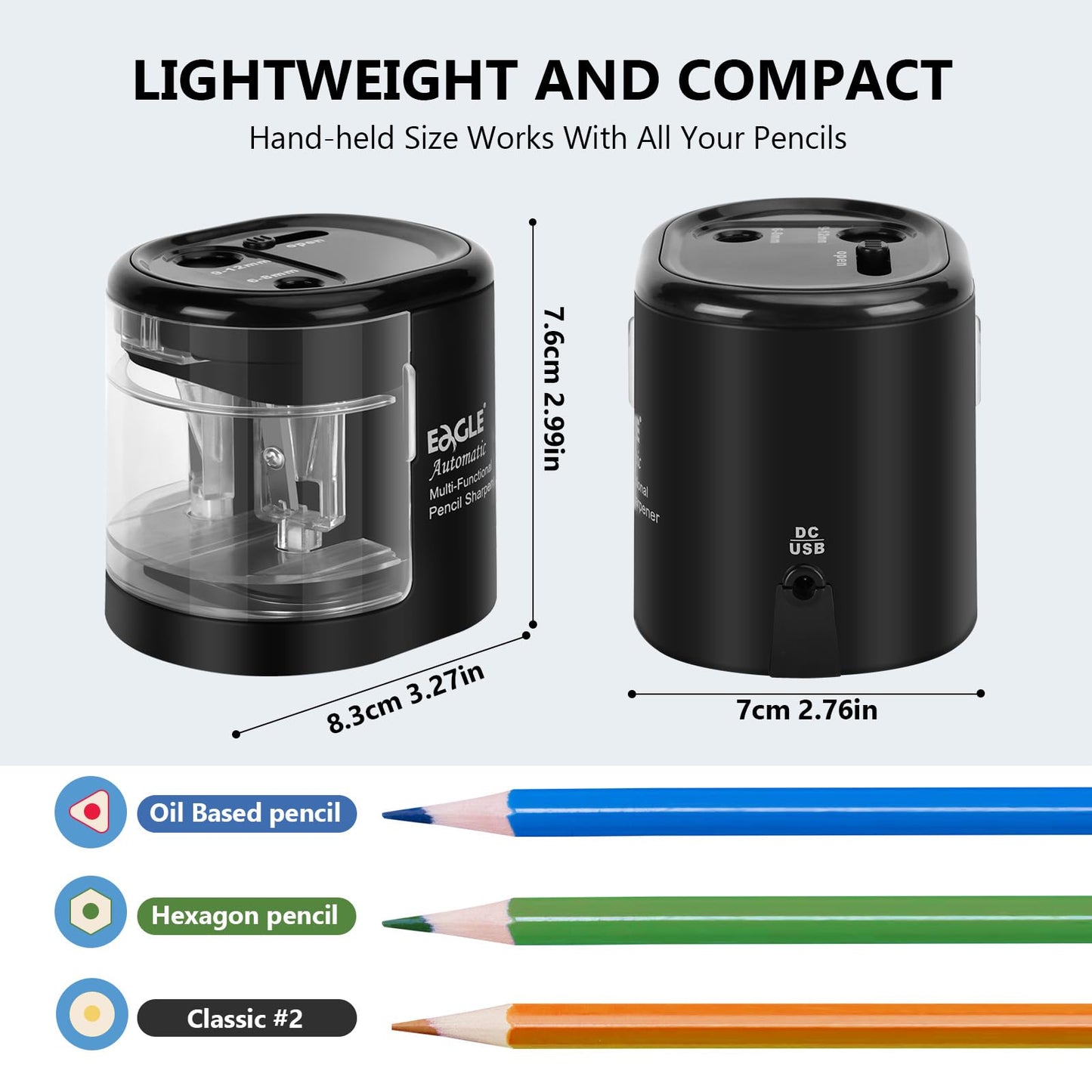 Eagle Electric Pencil Sharpener, Battery or USB Operated, Dual Holes, Dual Blades, fit for Pencils of Size 6-8mm and 9-12mm (Black)