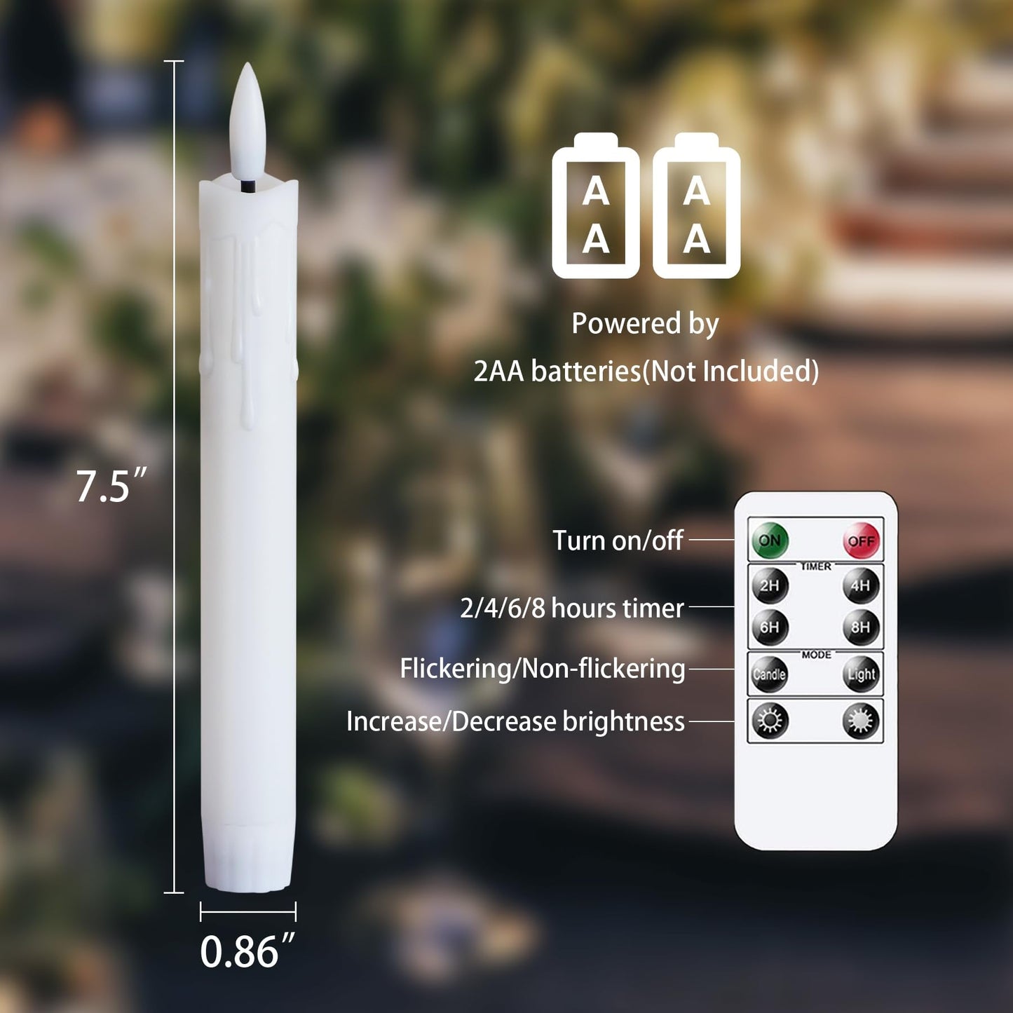 Mavandes Flameless Flickering Taper Candles Two Remote, 7.5 Inch White Battery Operated LED Window Candles Timer,Set of 6 Plastic 3D-Wick Dripping-Wax Effect Flameless Candlesticks(0.86”Dia,Warm Fire)