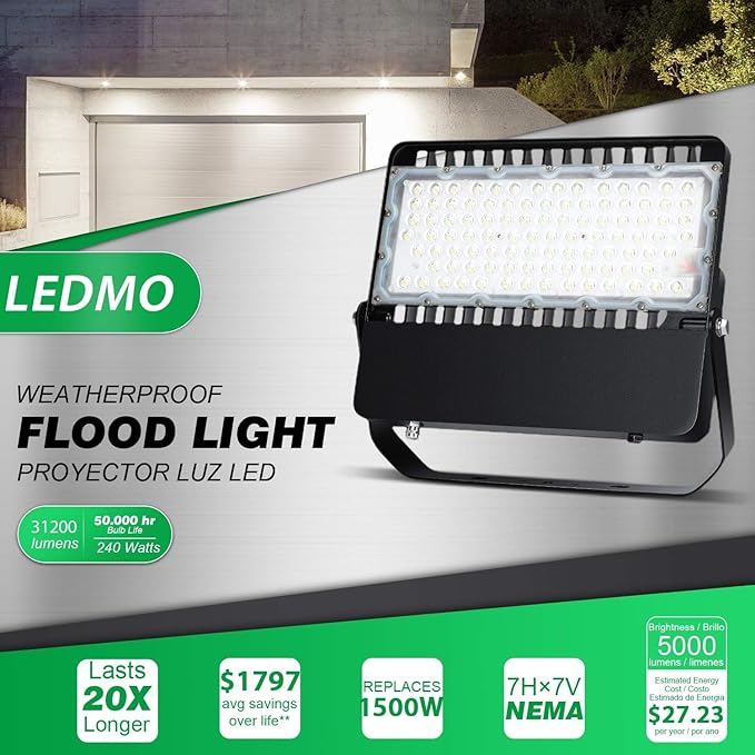 ledmo LED Flood Light Outdoor 240 Watt, Floodlights with Dusk to Dawn Photocell High Output 36000 Lumen, Commercial Grade Waterproof Lighting Fixture for Large Stadiums,Yard, 5000K, Waterproof