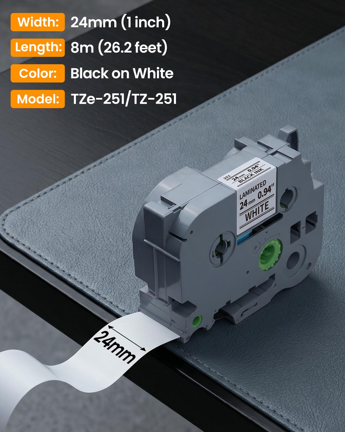 TZe-251 TZe251 Replacement for Brother P Touch Label Maker Tape 24mm TZe TZ Tape 24mm 0.94 Inch Laminated Black on White, Compatible with Brother PT-D600 PT-D610BT PT-P700, PT-P710BT PT-P910BT, 4-Pack