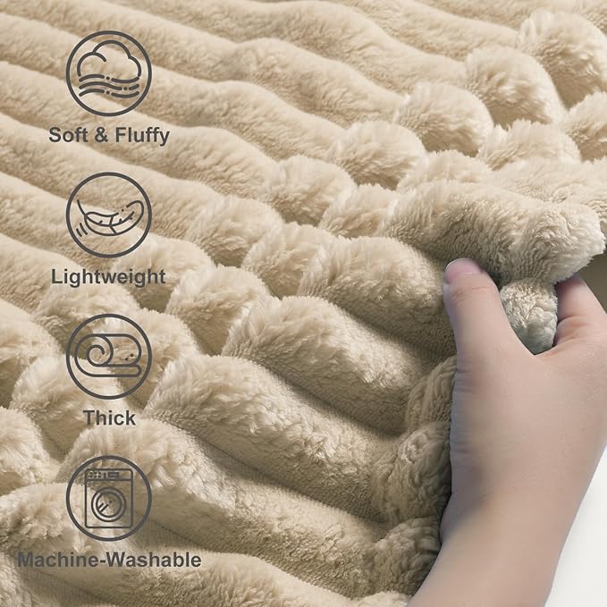 decorUhome Soft Fleece Light Brown Twin Blanket for Bed, Cozy Fluffy Plush Flannel Striped Throws for Couch Sofa, Lightweight Decorative Ribbed Fuzzy Blanket for Woman, 60x80 Inches