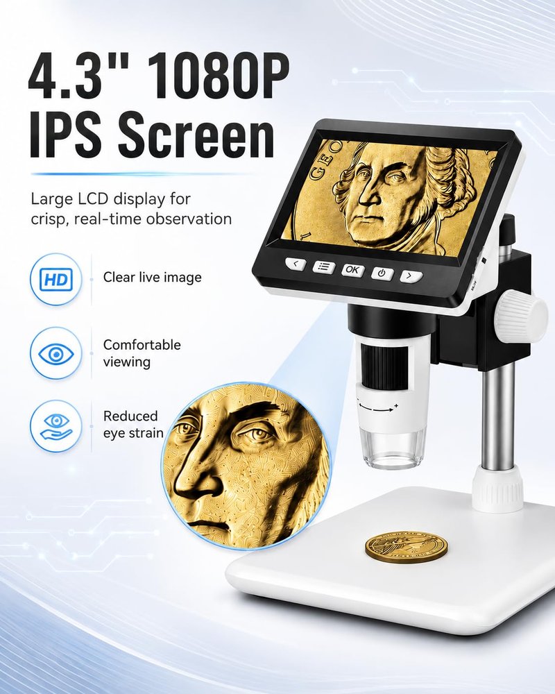 Digital Coin Microscope 1000X, 4.3" LCD Coin Magnifier with Screen for Error Coins, 1080P USB Microscope with 8 Adjustable LED Lights, Photo & Video, Built-in Storage, Compatible with Windows/MacOS