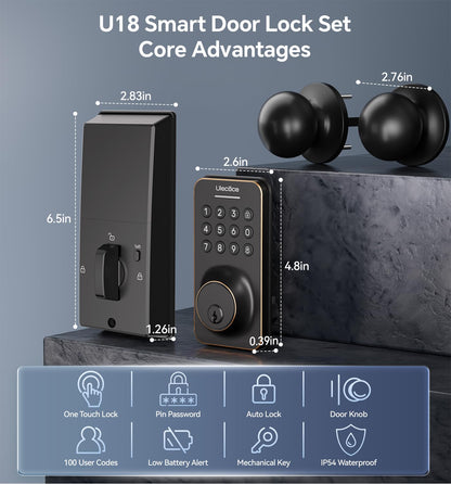 Keyless Entry Keypad Deadbolt with Handle Set, Smart Lock, Auto-Lock + One-Touch Lock, 100 Codes + 15-Min Easy Install, Ideal for Airbnb/Homes/Offices, Fits U.S. Standard Front Doors, Black