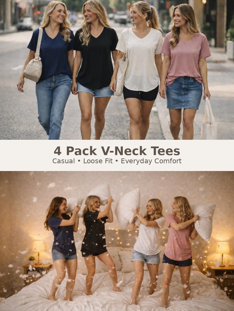 VILIGO 4 Pack V Neck T Shirts for Women Basic Tees Casual Short Sleeve Shirts Loose Fit Plus Size Tops Plain Summer Clothes