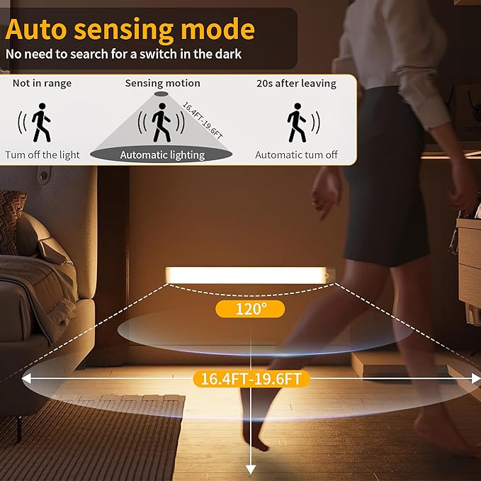 Wireless Under Cabinet Lighting 16 Inch 3 Pack, Magnetic Motion Sensor Light Indoor USB C Rechargeable Closet Lights, 3 Color Dimmable LED Night Light Stick on Under Counter Lights for Kitchen Stairs