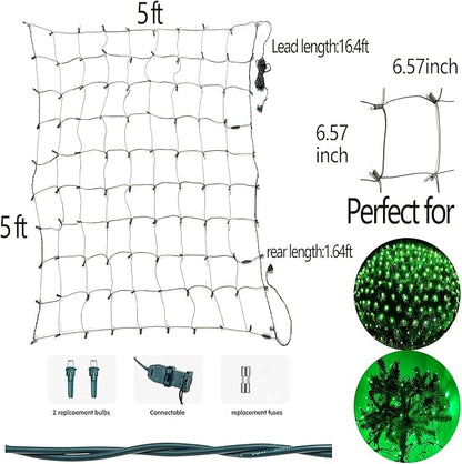 HISHINY Christmas Net Lights Outdoor, 5ftx5ft 100LED Green Wire, Connectable Bush Mesh Net Lights String for Christmas,St Patricks Party,Shrub,Yard,Tree (Green)