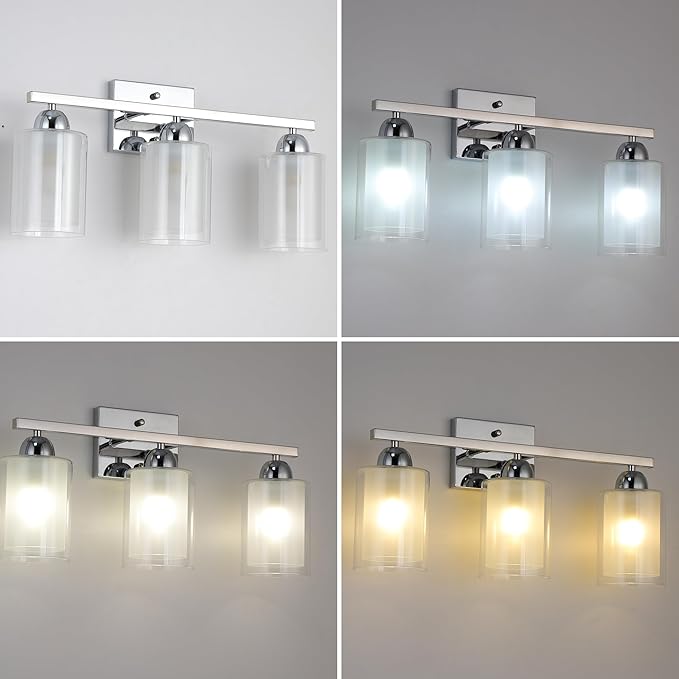 Stainless Steel Bathroom Vanity Light Over Mirror, 3 Light Polished Chrome Bathroom Light Fixtures with Milk Glass and Clear Glass Shades, Modern Vanity Lighting Wall Mount