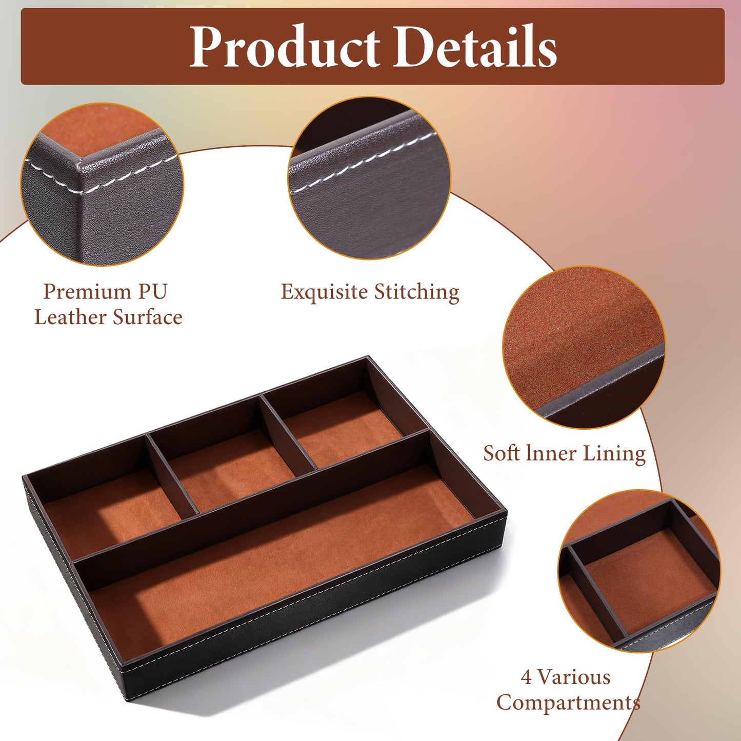 Caeuiciw 2 Pieces Faux Leather Valet Tray for Men, Stackable Jewelry Trays for Drawers, Mens Dresser Top Organizer for Key, Wallet, Sunglass, Watch, Coin, Phone, Nightstand Bedside Tray Brown