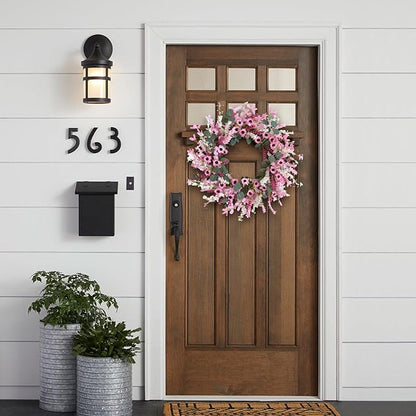 Idyllic 18 Inch Pink Daisy Wildflowers Spring Summer Wreath for Front Door, Pink Lavender Eucalyptus Leaves for Valentine Wedding, Faux Flower for Indoor and Outdoor