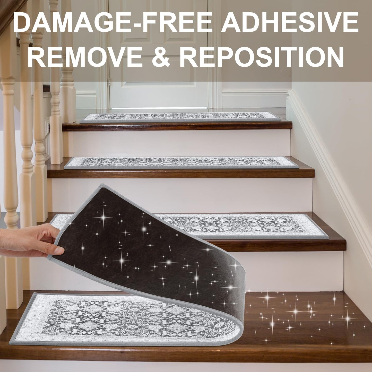 Non Slip Stair Treads for Wooden Steps Indoor, Grey, 15pcs, 30"X8", Soft Carpet Mat, Machine Washable Boho Carpet Treads with Reusable Adhesive Backing, Safety Stair Tread for Dogs, Kids, Elders