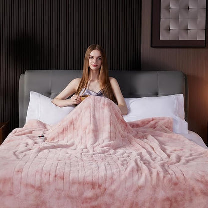 Guohaoi Heated Blanket Electric Throw, Soft Faux Rabbit Fur Electric Blanket with 10 Heating Levels 5 Sitting Timer Auto Off, Cozy Warm Heating Blankets, Machine Washable(84"×90" Pink)