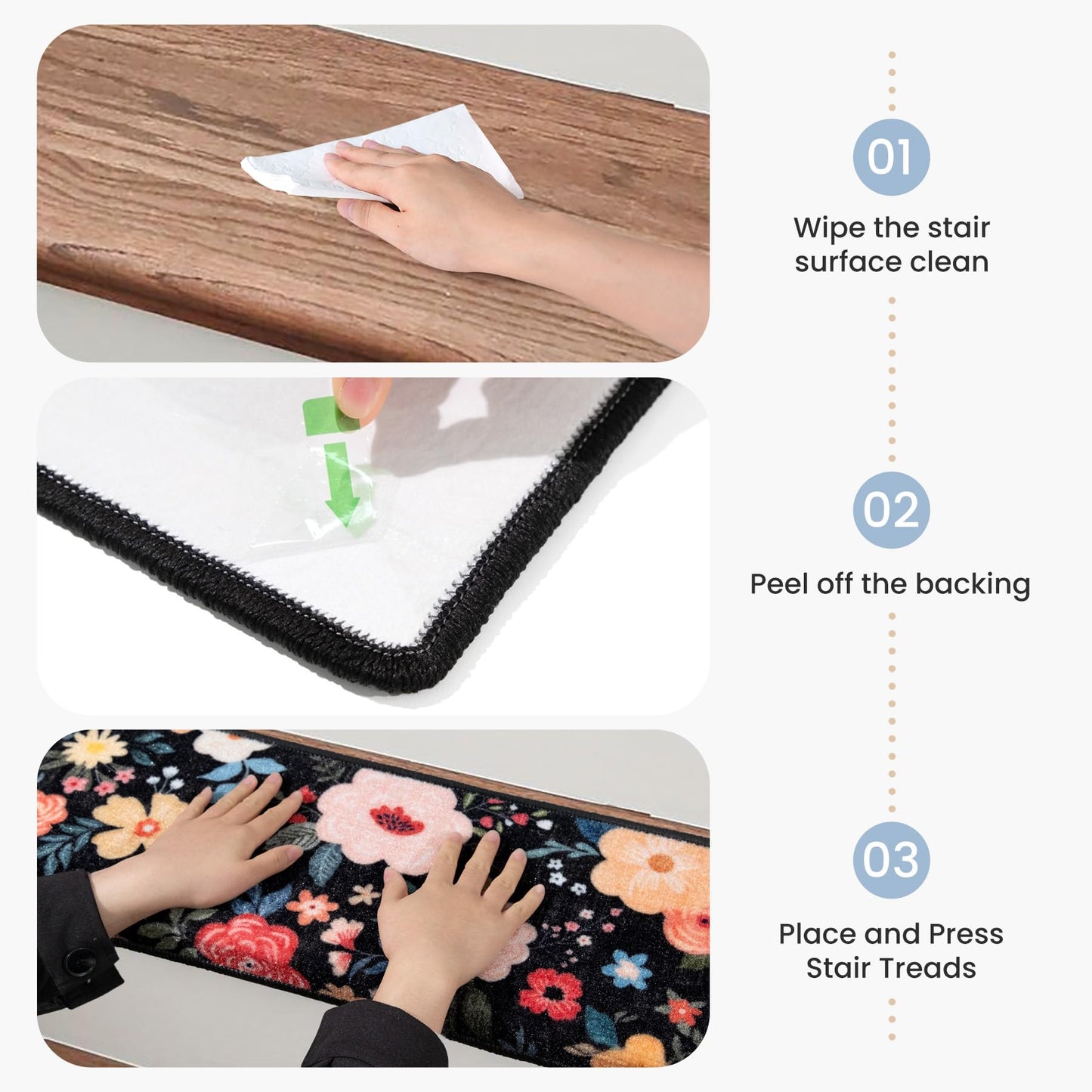 RORA Bullnose Stair Treads for Wooden Steps,Non-Slip Peel and Stick Stair treads Stair Carpet for Indoor Runner and Pets,Floral Stair Rugs,Soft Washable Staircase 14pcs 29.5 ''x9.5 ''x1.5 ''