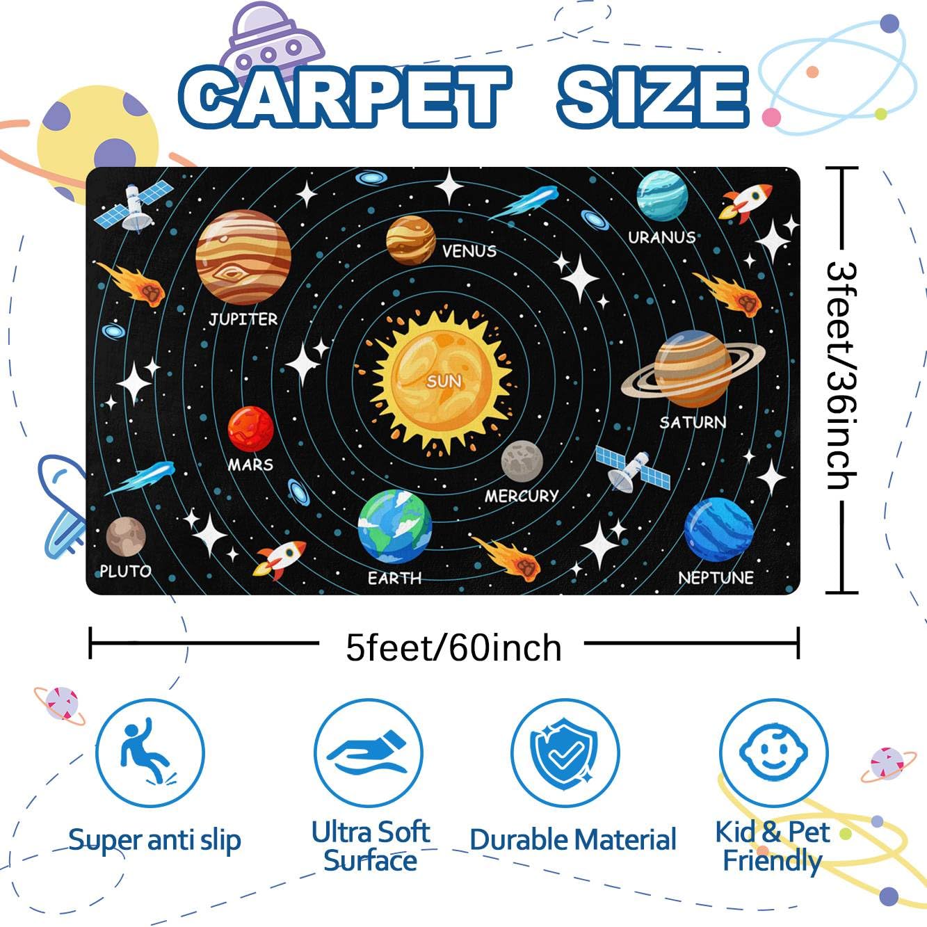 Kids Carpet Outer Space Rug, Solar System Mat 3x5 FT, Fun Game Boy Girl Kids Rug Carpet for Children Bedroom, Space Area Floor Mat for Living Room Nursery Room Toddler Classroom Decor