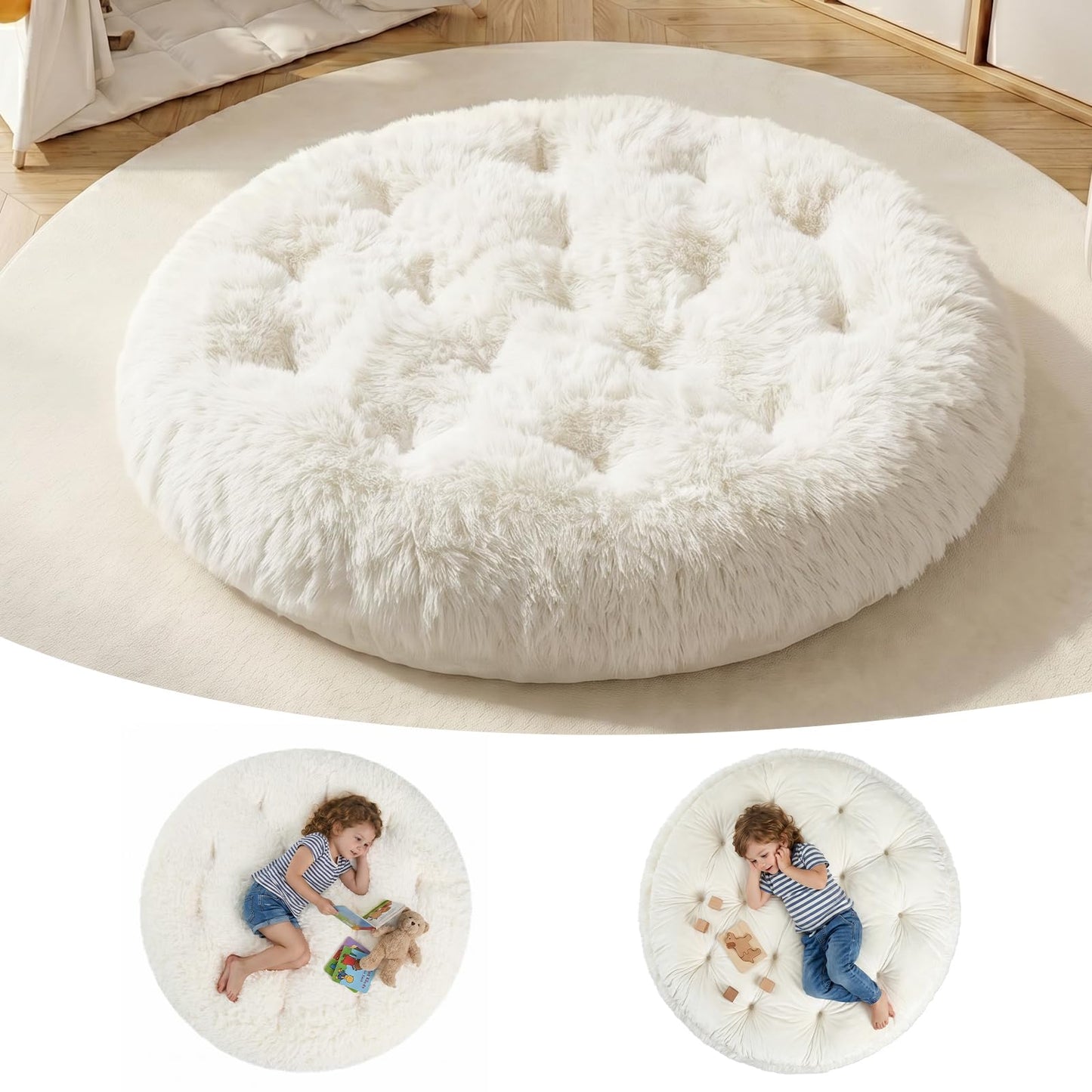 blue page Circle Kids Play Mat 5.9 in Thick, Round Padded Playmat for Ages 3+, Comfy Plush Floor Rug for Nursery Playroom Reading Corner, Large 47x47 in Beige