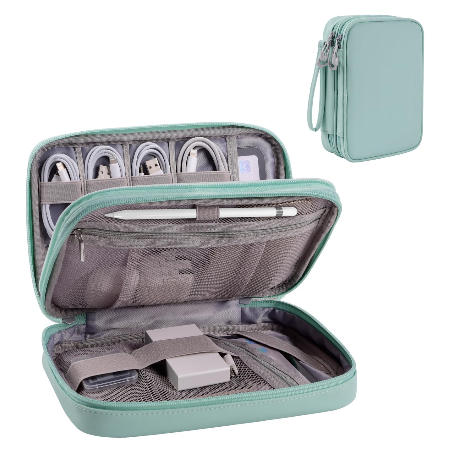 Bevegekos Tablet Accessories Case Bag, Travel Large Electronics Organizer for Chargers & Cords, Cables, 7.9 Inch Tablet, Airplane Essentials, 2 Layers (Mint Green)