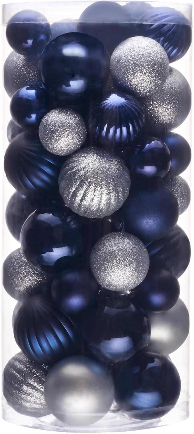 50ct Christmas Balls Ornaments for Xmas Tree, Navy Blue Silver Shatterproof Christmas Tree Decorations Hanging Ball for Holiday Party Decor(1.57"-2.36")