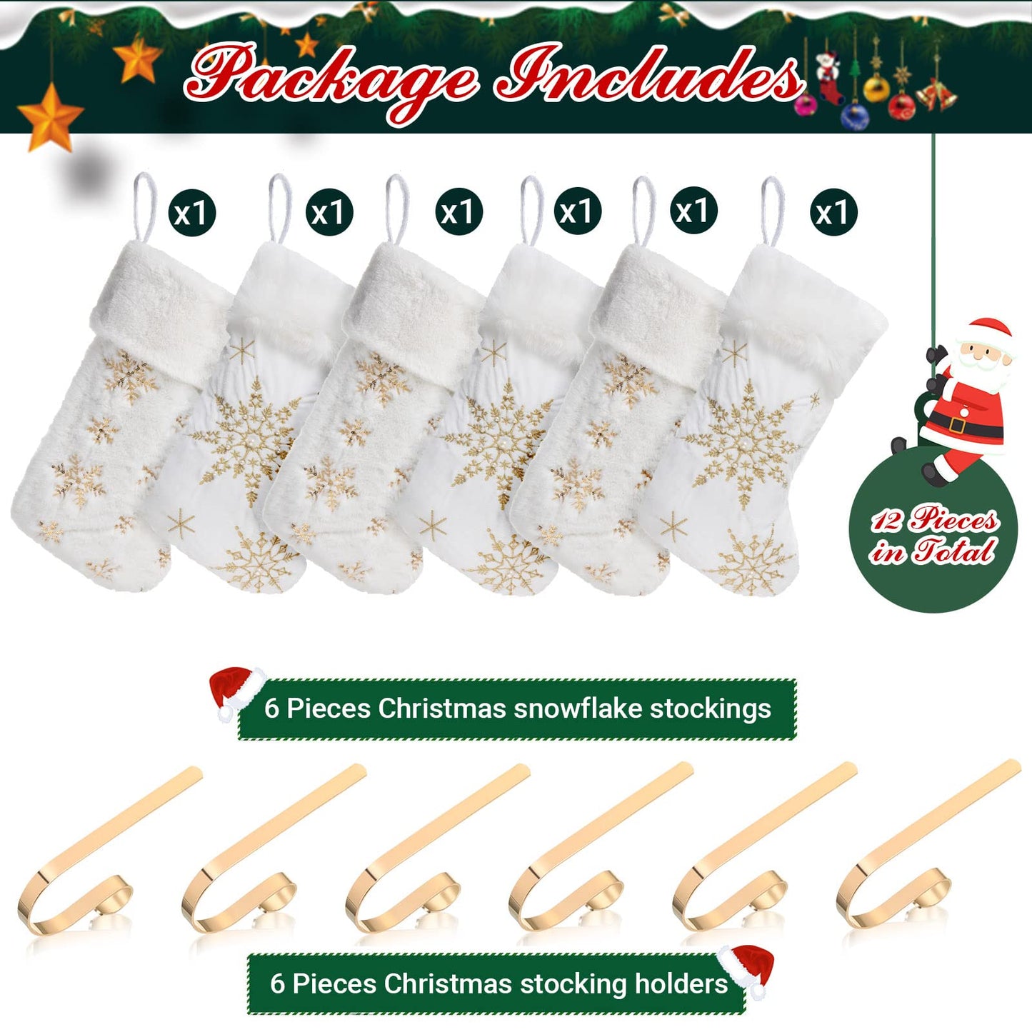 Seematn 6 Pcs Christmas Stockings with 6 Pcs Stocking Holders Set 20 Inch White Faux Fur Xmas Stockings Embroidered Snowflake Xmas Stocking Large Family Holiday Fireplace Hanging Decor(Gold,Stylish)