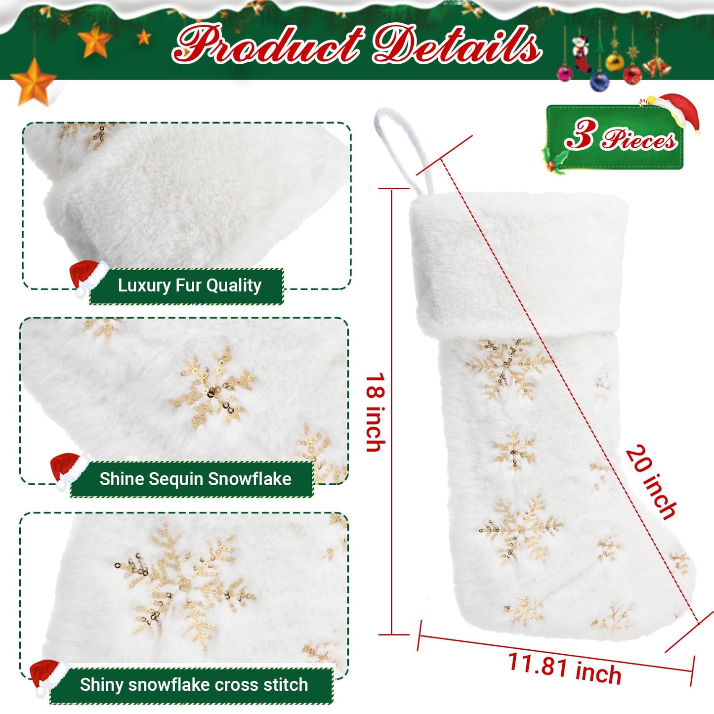 Seematn 6 Pcs Christmas Stockings with 6 Pcs Stocking Holders Set 20 Inch White Faux Fur Xmas Stockings Embroidered Snowflake Xmas Stocking Large Family Holiday Fireplace Hanging Decor(Gold,Stylish)