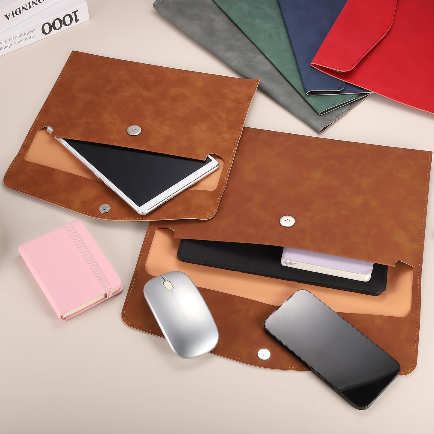 PATIKIL 2Pcs PU Leather File Folders, 13x9 A4 Document Holder Waterproof Envelope Folder with Snap Closure, Portable Portfolio Organizer Case for Paper Receipt, Brown/Gray