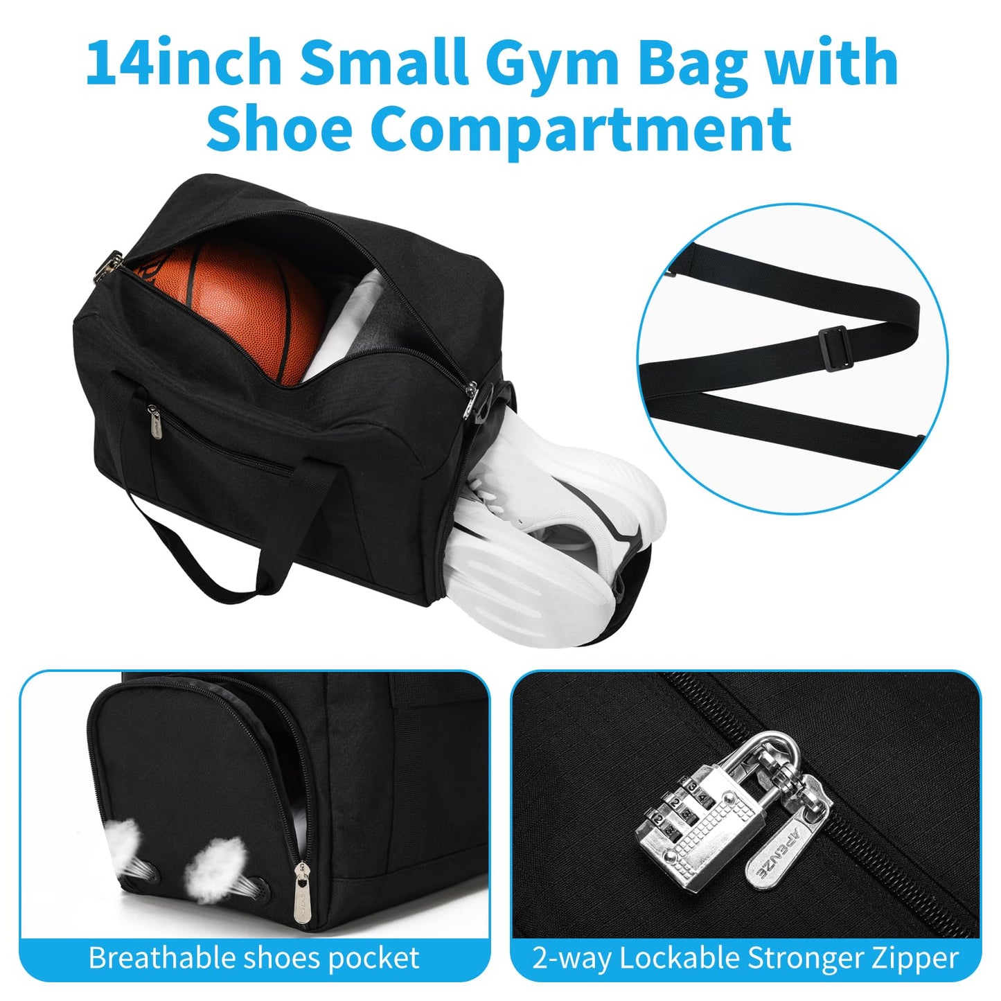 Apenze Small Gym Bag 14 inch lightweight Carry On Mini Duffel Bag with Shoe Compartment for Travel Sport - Black