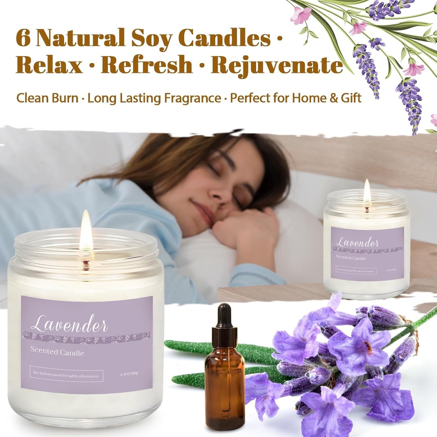 Scented Candles Gift Set, Long Lasting 6 Pack Aromatherapy Candles for Home, 42 oz 300 Hour Burn, Lavender Jasmine Vanilla Sage Sandalwood Rose Eucalyptus Mint, Gifts for Women