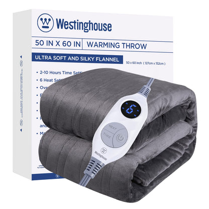 Westinghouse Electric Blanket Heated Throw, Super Cozy Soft Flannel 50"" x 60"" Heated Throw with 6 Fast Heating Levels & 2-10 Auto-Off, Machine Washable, ETL&FCC Certification, Navy Blue