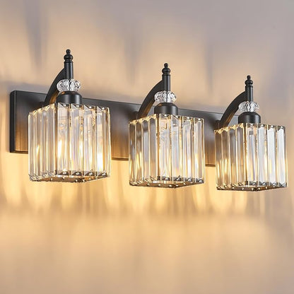 Crystal Vanity Lights Black 3 Light Bathroom Light Fixtures Over Mirror Modern Vanity Light for Bathroom