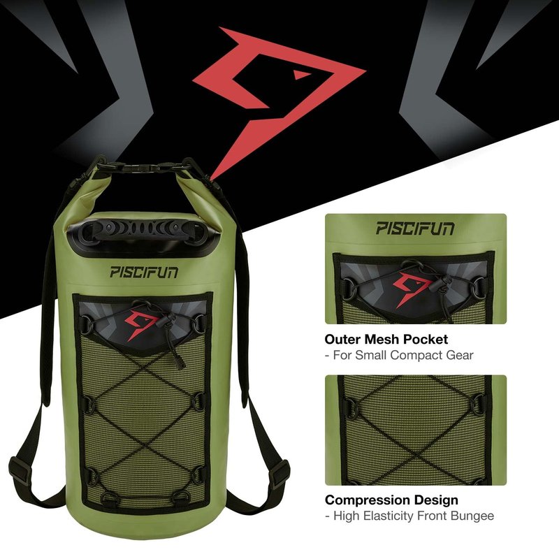 Piscifun Dry Bag, Waterproof Floating Backpack 20L with Waterproof Phone Case for Boating, Kayaking, Fishing, Army Green 20L