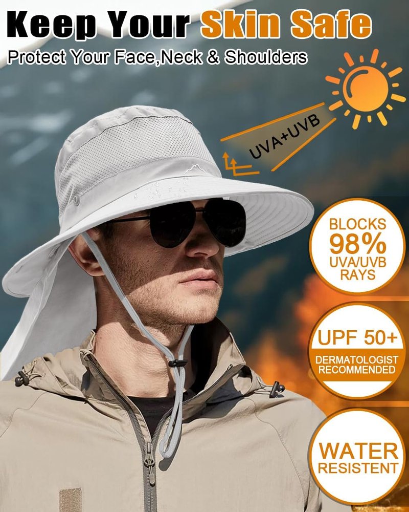 Outdoor Sun Hats with Stowable Neck Flap for Men Women UPF 50+ Mesh Summer Bucket Hat Wide Brim for Fishing Safari Hiking Light Grey