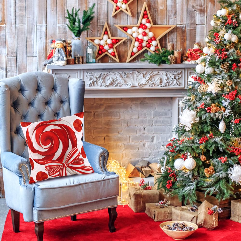 Heirloom Haven 4pcs Christmas Pillow Covers Decoration,18x18in Red Candy Pillow Case Merry Bright Holly Throw Pillow Covers Cushion Cases for Winter Holiday Seasonal Farmhouse Couch Sofa Home Decor