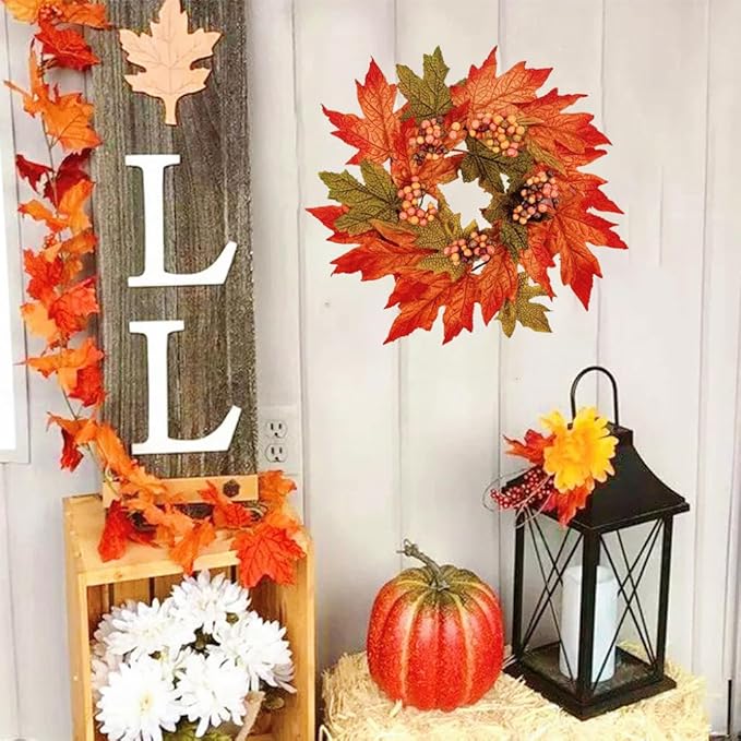2Pcs Thanksgiving Candle Wreath, 10 Inch Fall Maple Leaf witn Artificial Berries for Cabinets Farmhouse Festive Candlesticks Centerpieces for Thanksgiving, Wedding Party, Dinner Table Decor