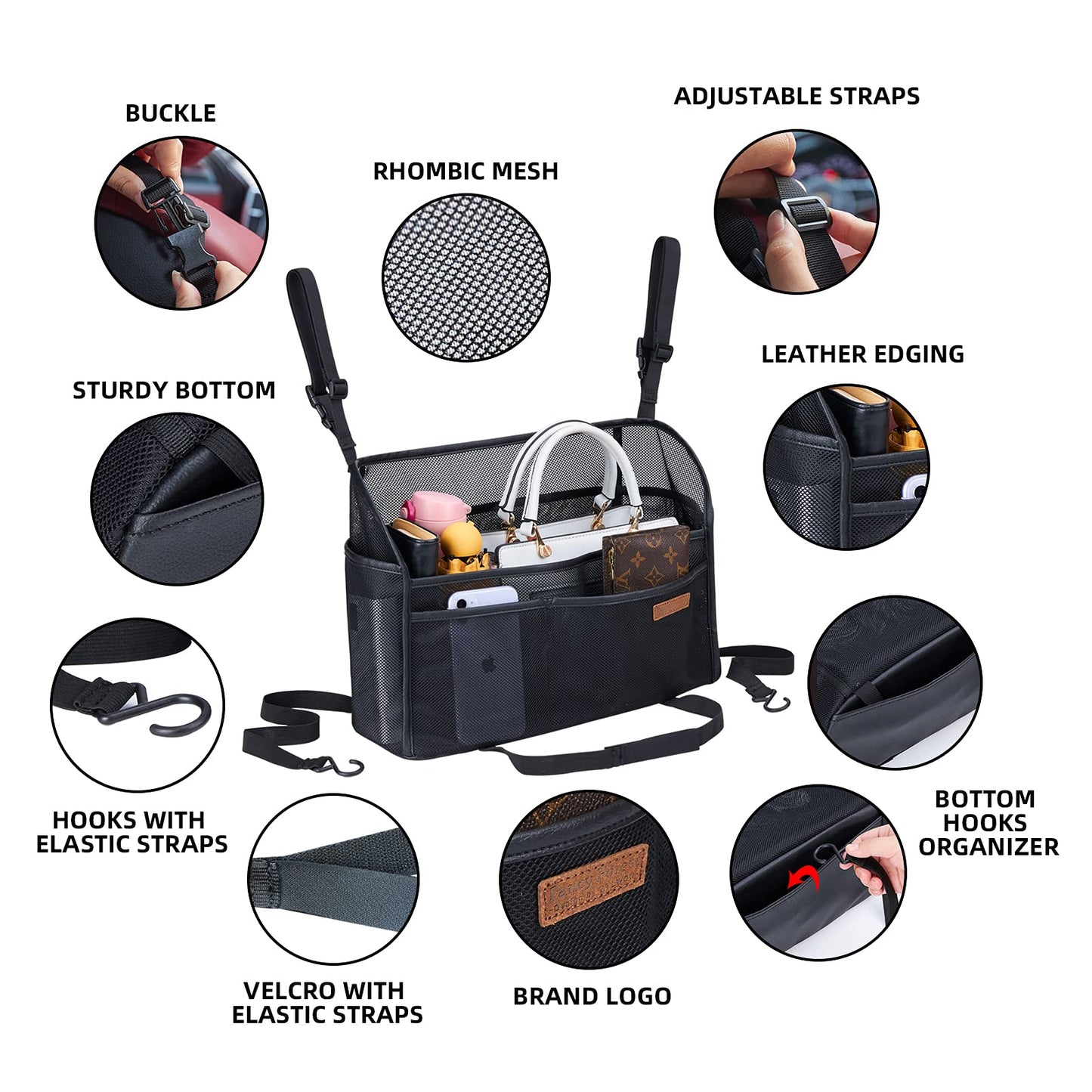 WLLWOO Car Net Pocket Handbag Holder Between Seats Back Storage Organizer Purse Holder for Console Front Seat Storage Barrier