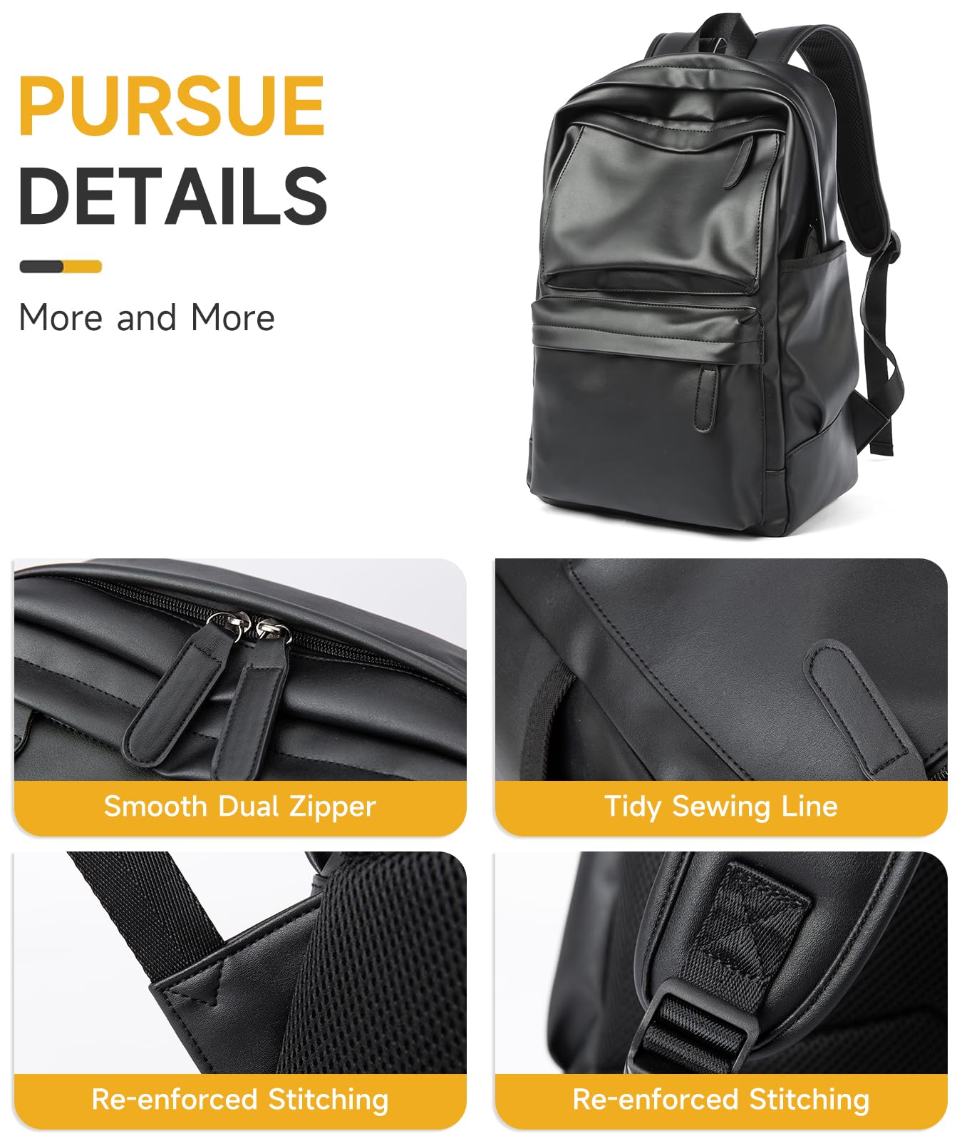 MOYYI Leather Laptop Backpack for Men Black Fit 15.6inch Laptop Backpack Simplify Rucksack Waterproof for Work Commute Casual Daypack