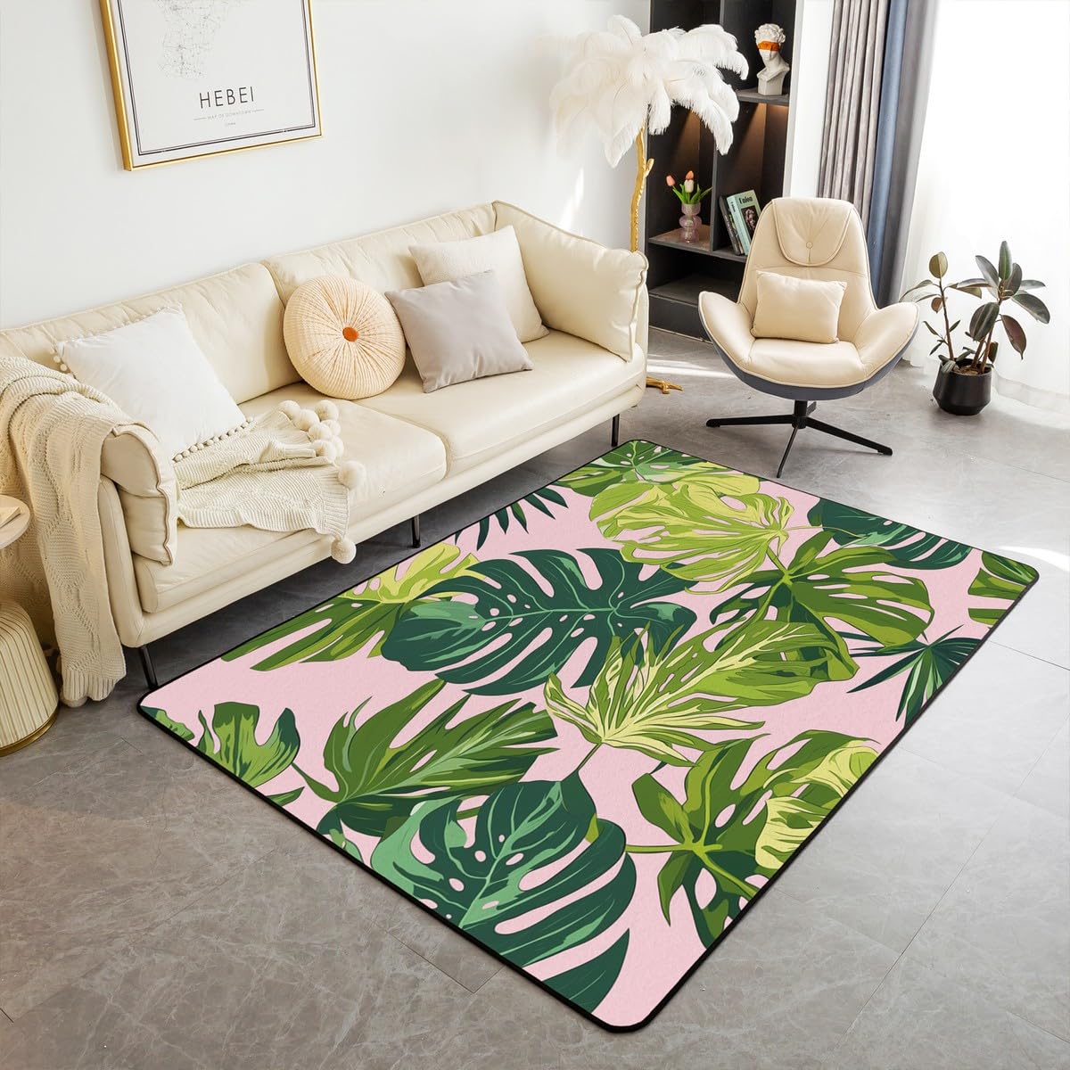 jejeloiu Palm Leaf Area Rug 4x5 Hawaiian Tropical Leaves Living Room Rugs Ultra Soft Machine Washable Pink Green Rugs for Living Room Bedroom Indoor Floor Mat