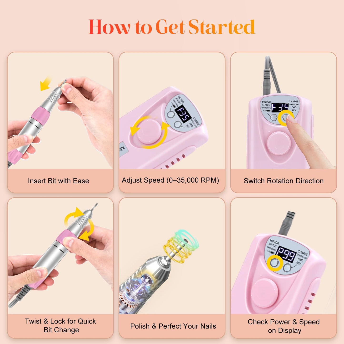 Professional Nail Drill Electric File:COYZU 35000RPM Portable Cordless Nail Drill Machine with Bits, Rechargeable E File for Acrylic & Gel Nails, Manicure & Pedicure Tech Tool for Home Salon, Pink