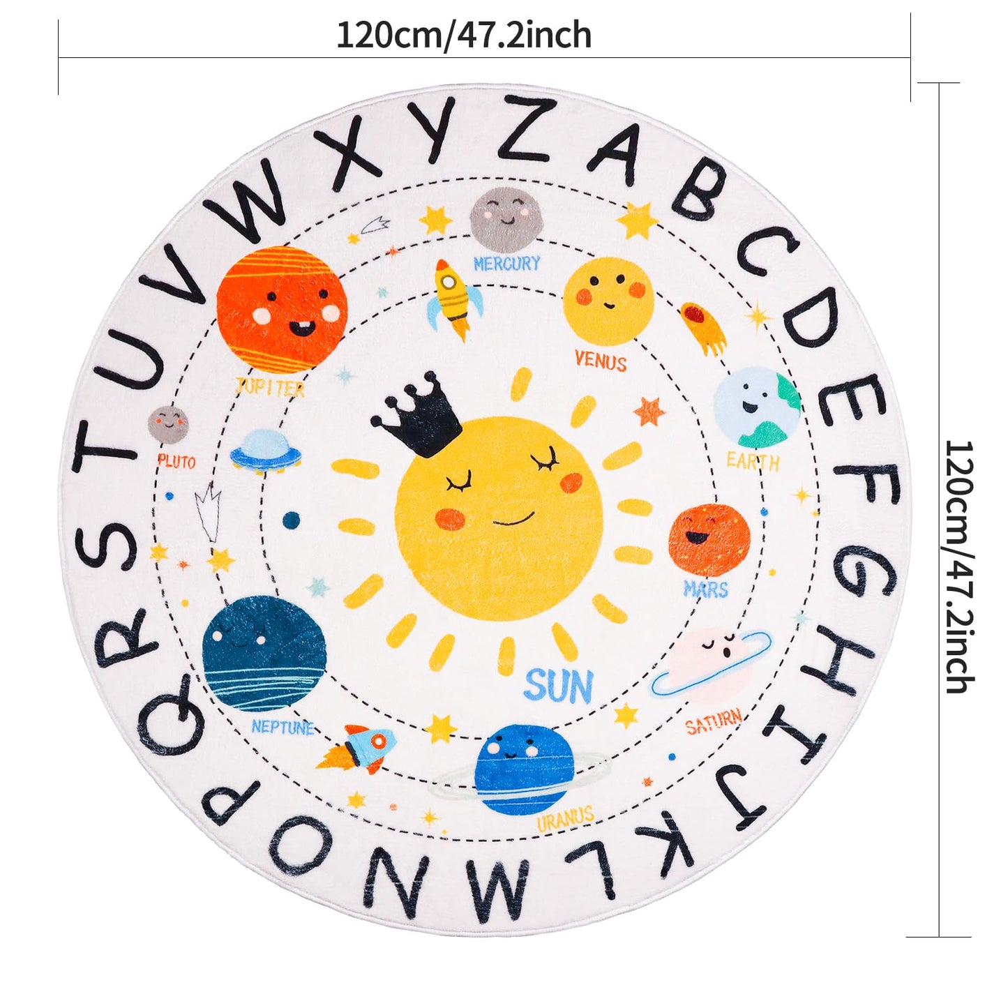 LTKOUGFAM Round ABC Space Kids Rugs,4 ft Non-Slip Solar System Alphabet Rugs, Washable Rug, Soft Plush Educational Circle Rug for Classroom playroom Bedroom Kids Room Decor(for Age 2+)