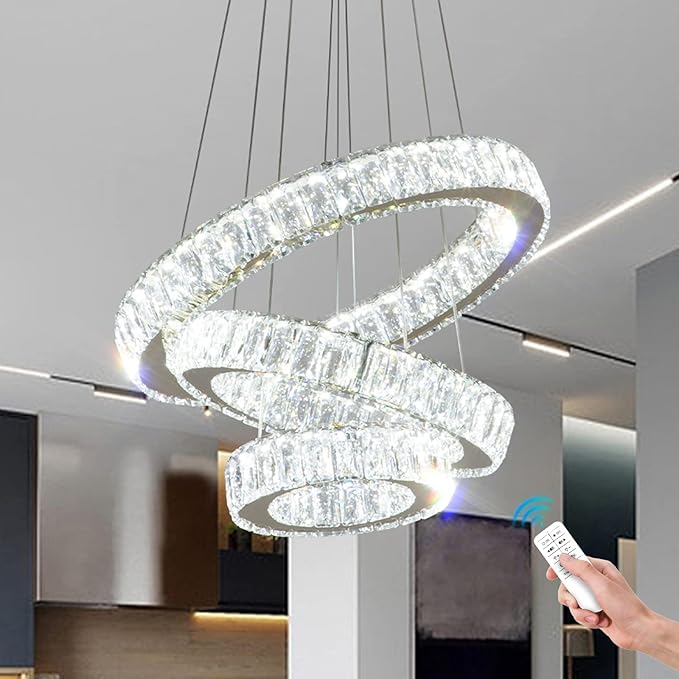 FRIXCHUR Dimmable Modern LED Chandelier 3 Ring Pendant Light Crystal Chandelier for Dining Room Living Room Bedroom,3 Colors Adjustable
