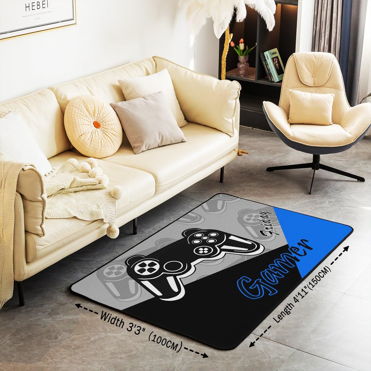 jejeloiu Gamer Area Rug 4x5 Gaming Rugs for Living Room Bedroom Game Room Decor Gamepad Blue and Black Accent Rug