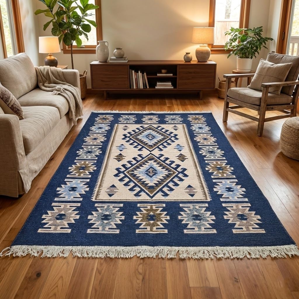 Turkish Kilim Rug, Vintage Bohemian Geometric Pattern, Blue and Beige, Reversible, Washable – Area Rug for Living Room, Hallway or Entryway, 2' x 4'1"