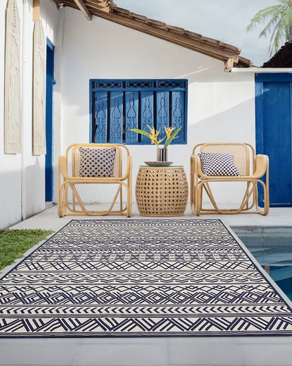 Outdoor Rug Carpet 5x8 ft, Flatweave Textured Outdoor Patio Rug Non Slip Indoor Outdoor Rugs with Rubber Particles Backing Boho Outdoor Area Rug for Patio Deck Front Porch Backyard Balcony, Navy