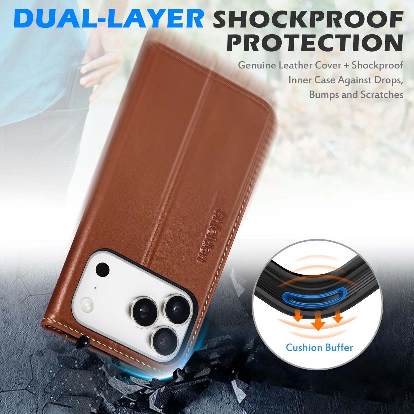 SHIELDON Genuine Leather Wallet Case for iPhone 17 Pro 6.3" 2025 | Flip Cover | Magnetic Closure | RFID Blocking Credit Card Holder | Kickstand | Shockproof Phone Cover | Retro Brown