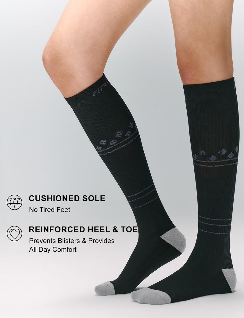 FITRELL 3 Pairs Compression Socks for Women and Men 20-30mmHg- Muscle Support Socks for Travel, Running, Nurse, Knee High, Blackstar, Black+White+Grey L/XL