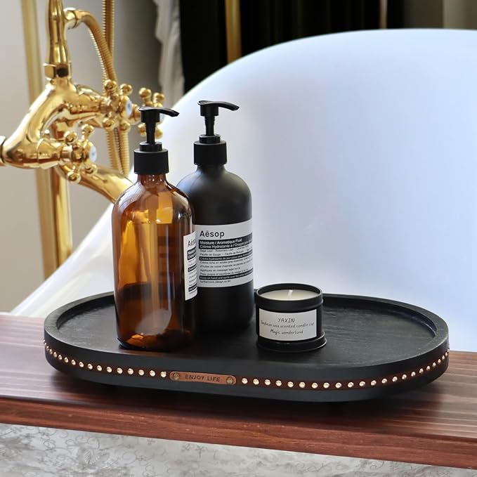 Decor Decorative Round Tray 11.81in for Home Decor for Coffee Table Farmhouse Kitchen Table Living Room Bathroom Centerpiece Tray Decor Oval Black