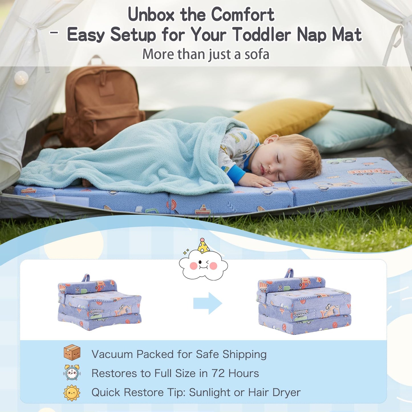 Tiita Foldable Floor Mattress for Kids-Glow in The Dark Toddler Nap Mat with Storage Bag, Portable Toddler Floor Nap for Travel, Daycare, Camping, RV, Playroom, Vehicles