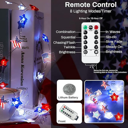 Aogist 4th of July Decorations String Lights with Remote an Timer, USB & Battery Dual-Power American Flag Lights for Memorial Day, Independence Day (2 Pack)